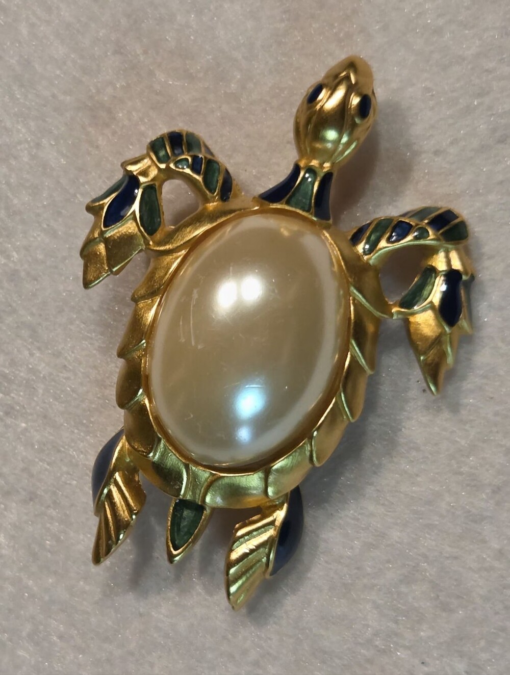 Vintage Gold-tone Faux Pearl Jelly Belly Figural Turtle Brooch / Pin